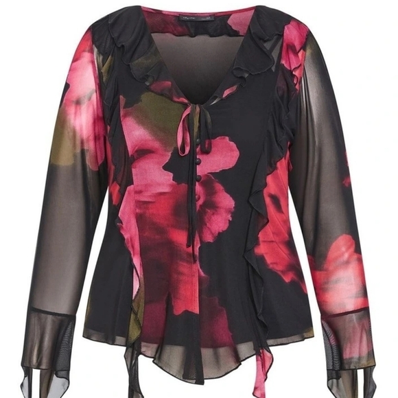 City Chic Vivid Mesh Print Sheer Sleeve Top | Frilled Detail | Size 22 | NWT - Picture 2 of 3